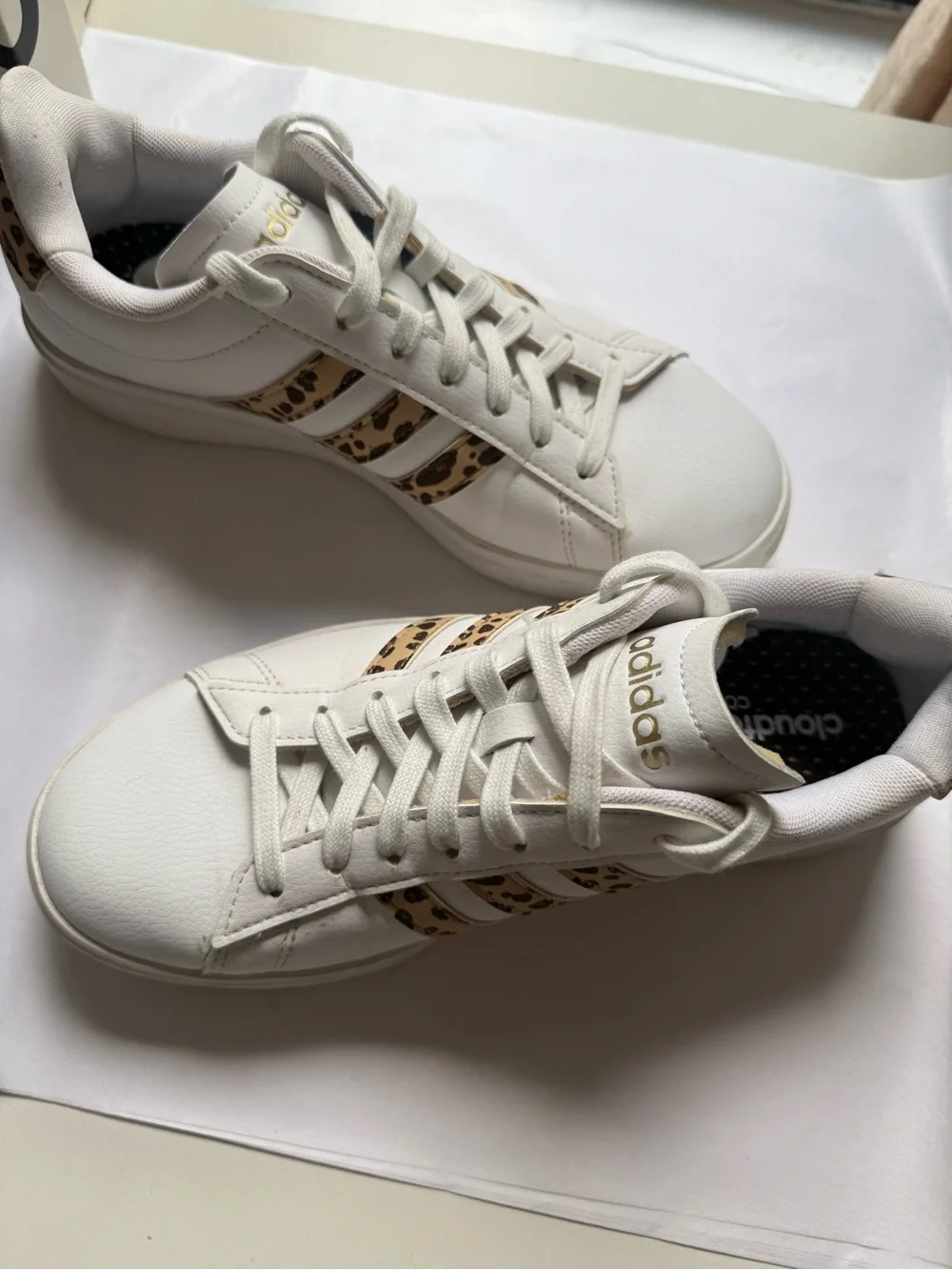 adidas White Sneakers with Leopard Stripe Trim